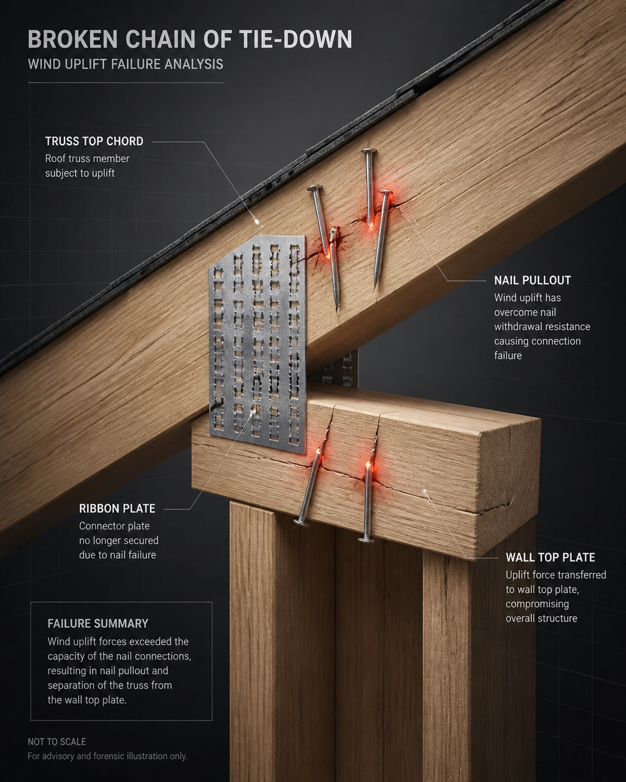 Forensic 3D illustration of a broken chain of tie-down in a timber roof structure, highlighting failure points under wind uplift.
