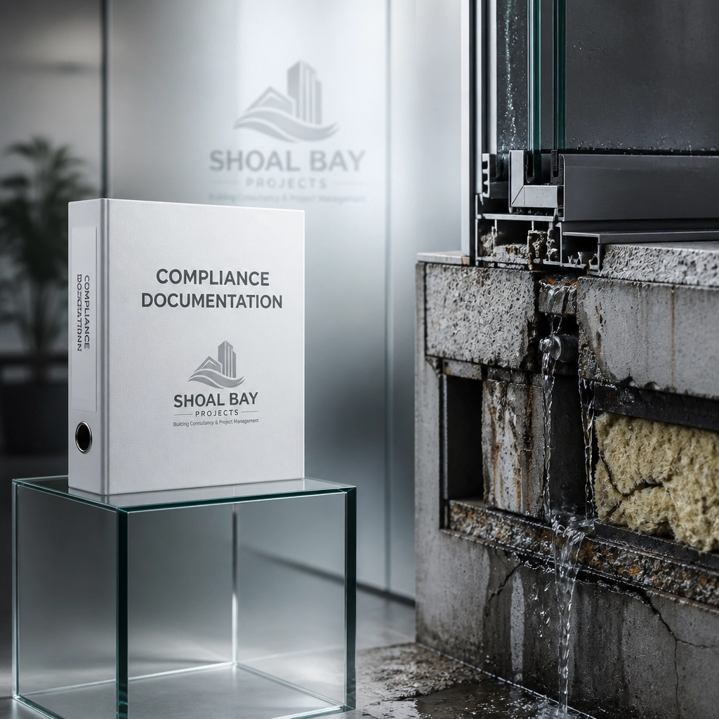 Conceptual comparison between a compliance binder and the physical reality of construction performance.