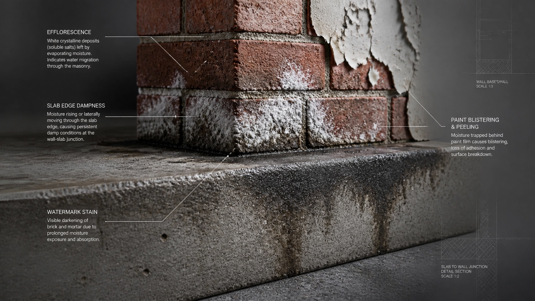 Forensic close-up of efflorescence and blistering paint at the junction of a brick wall and concrete slab.