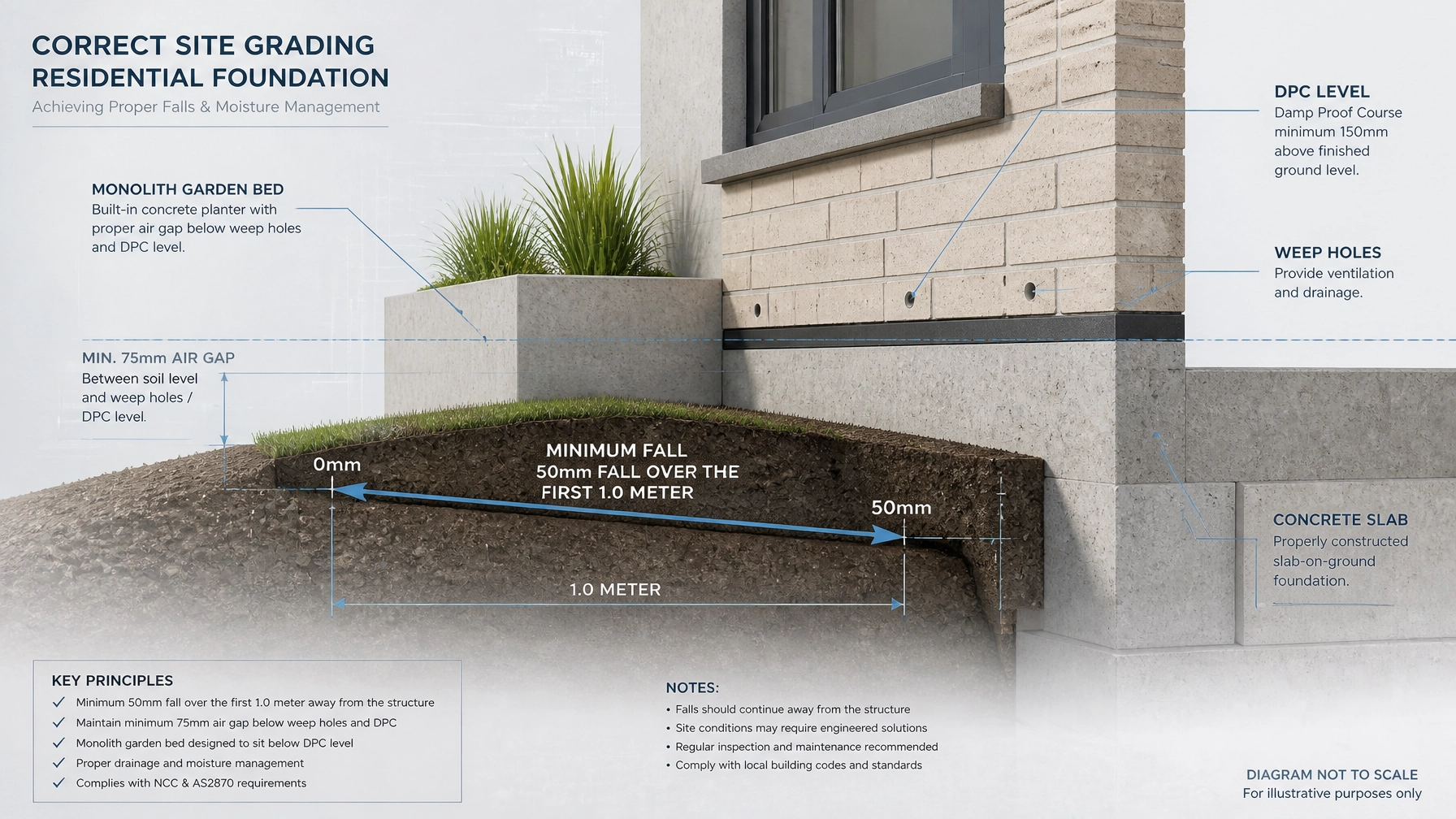 3D architectural diagram showing the 50mm fall requirement and correct ground level relative to weep holes.