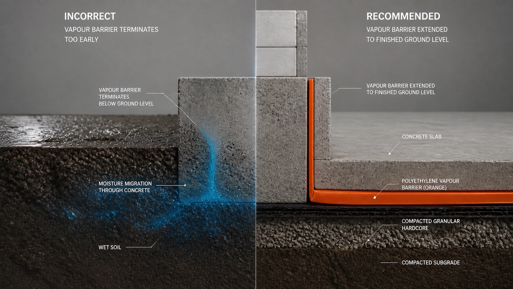 A 3D forensic cross-section comparing poor slab edge detailing with a recommended setup showing a returned vapour membrane.