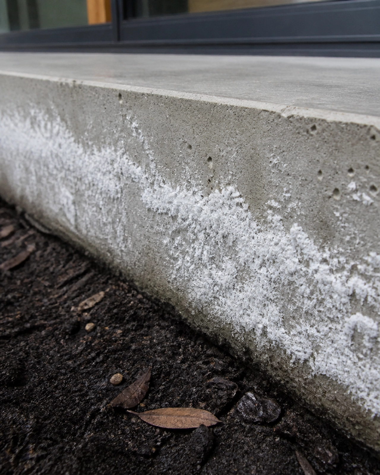 Close-up of white crystalline efflorescence on a concrete slab edge