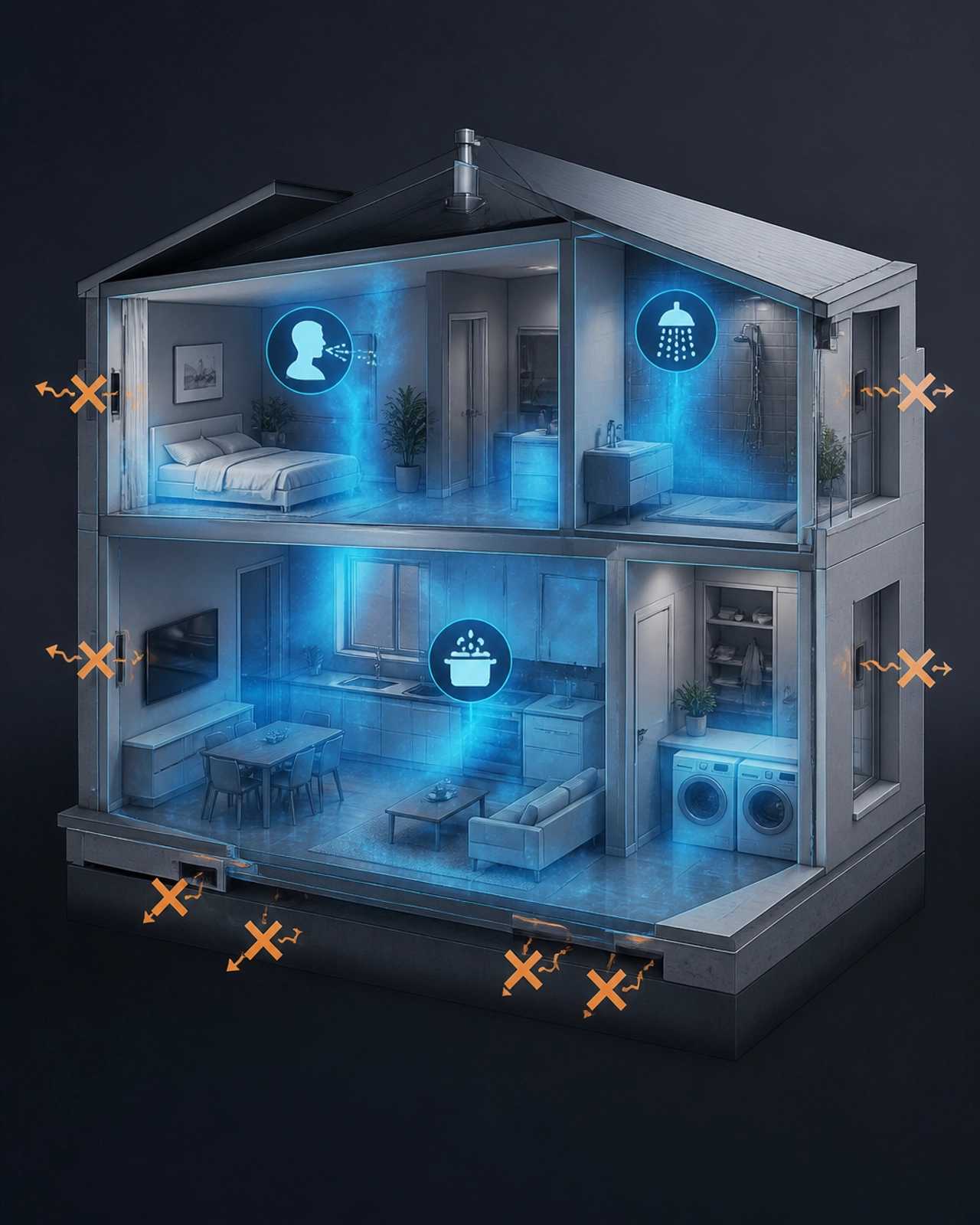 Forensic diagram of internal moisture generation in a sealed modern home