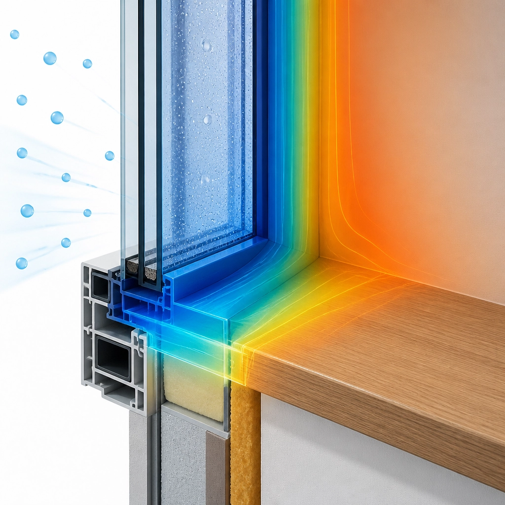 3D forensic close-up of condensation forming on a cold window surface