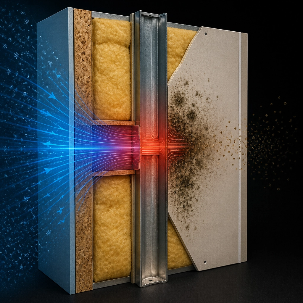 Cross-section of a wall with a thermal bridge causing localized mould