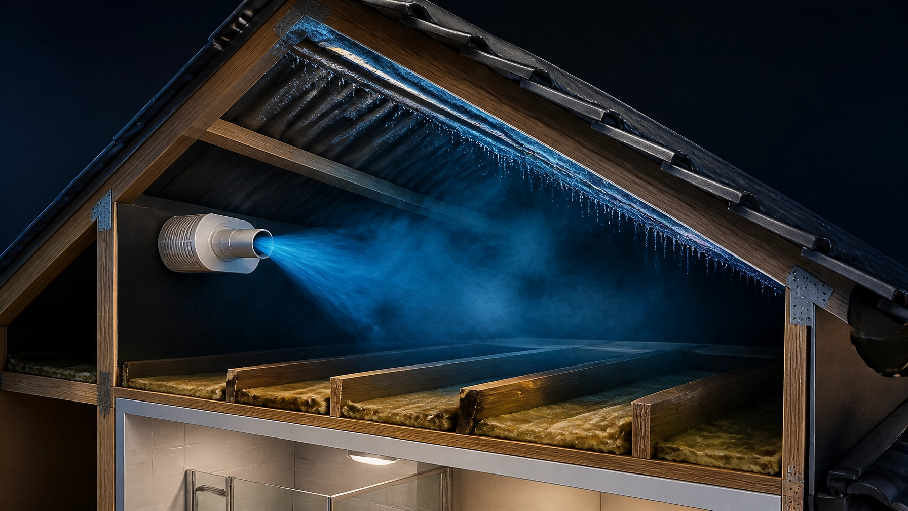 Forensic diagram of an incorrectly ducted exhaust fan causing roof condensation