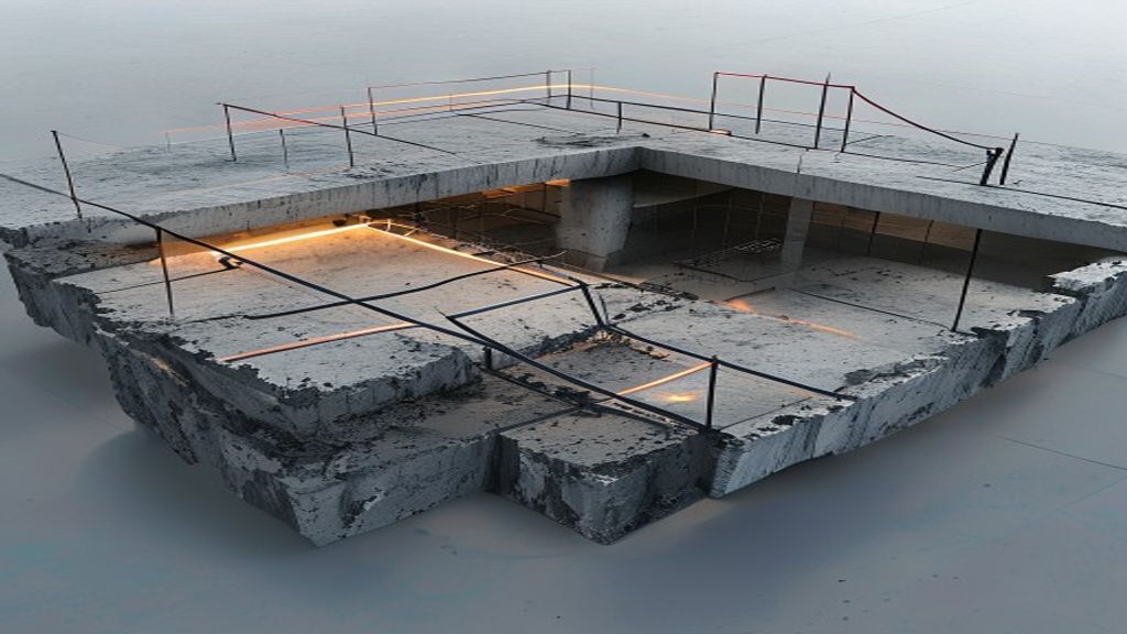 Detailed 3D section of a concrete slab junction with a structural thermal break connector. The module is shown integrated between the internal heated floor and the external balcony slab, with heat flow diagrams showing the temperature gradient being successfully interrupted.