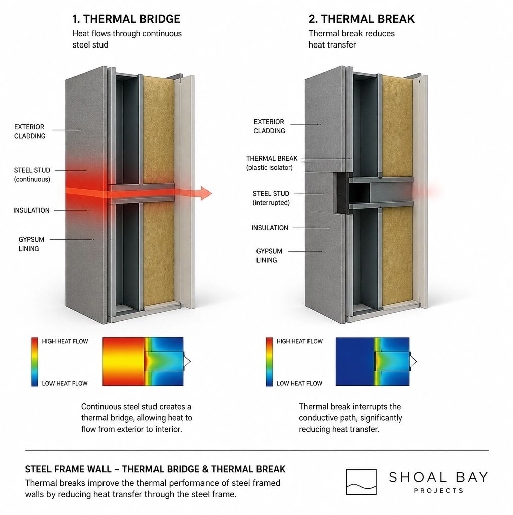 3D cross-section diagram of a steel frame wall showing a thermal bridge. Arrows indicate cold air transferring through the steel stud to the internal plasterboard, with a localized 'blue zone' indicating condensation and mould growth behind a piece of furniture.
