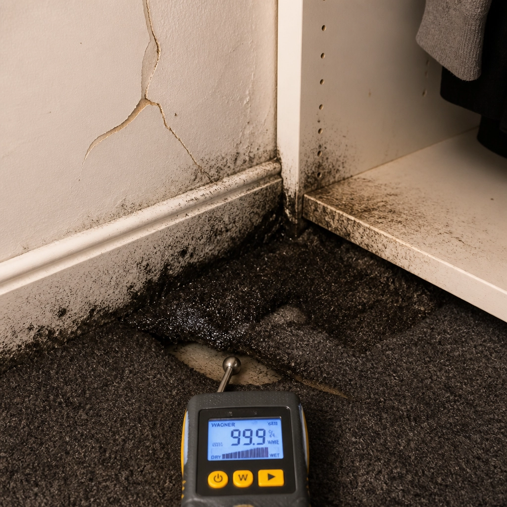 Internal view of a wardrobe corner showing black mould growth on skirting boards and damp carpet, with a forensic moisture meter reading.