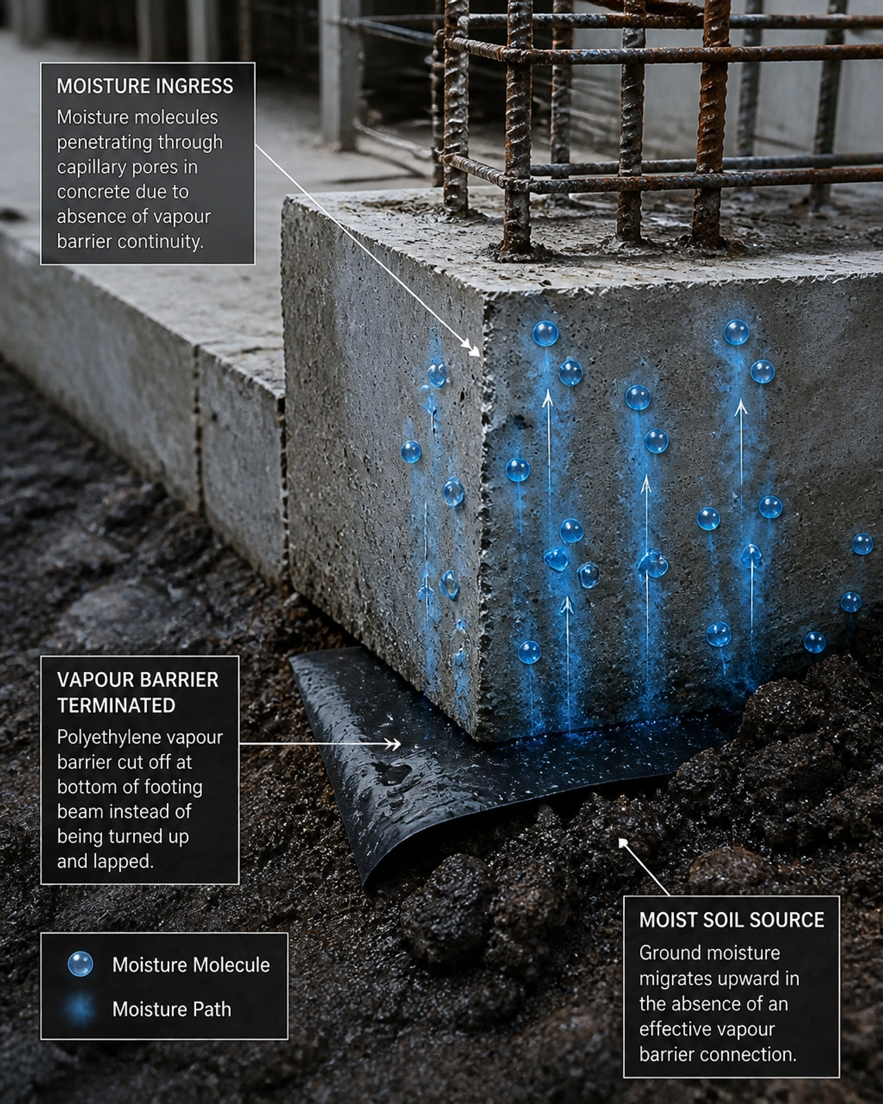 Forensic close-up of a failed vapour barrier termination where the plastic is cut short, allowing moisture to penetrate the porous concrete.