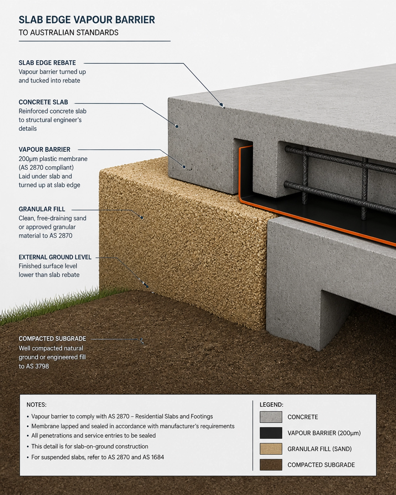 Architectural 3D cross-section showing the correct installation of a returned vapour barrier and a slab edge rebate.