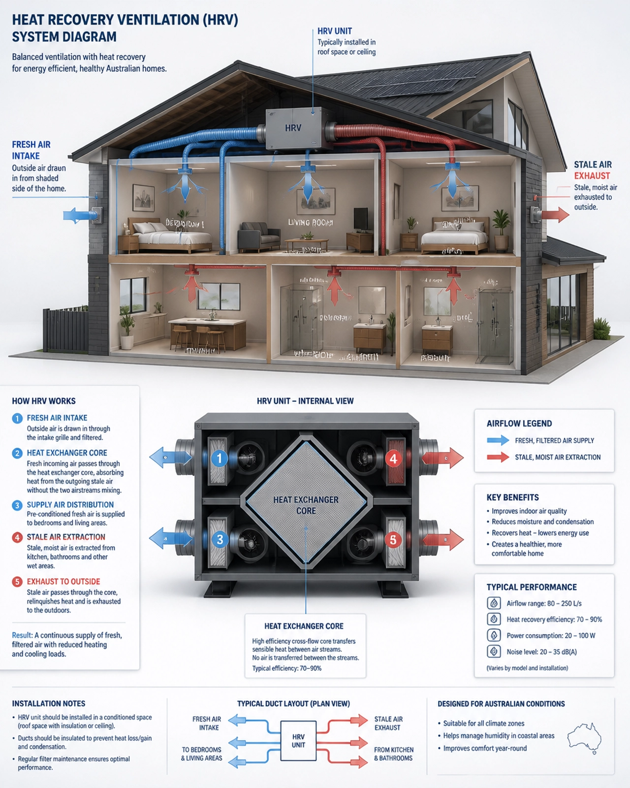 Forensic 3D diagram of an HRV system showing controlled airflow and heat exchange