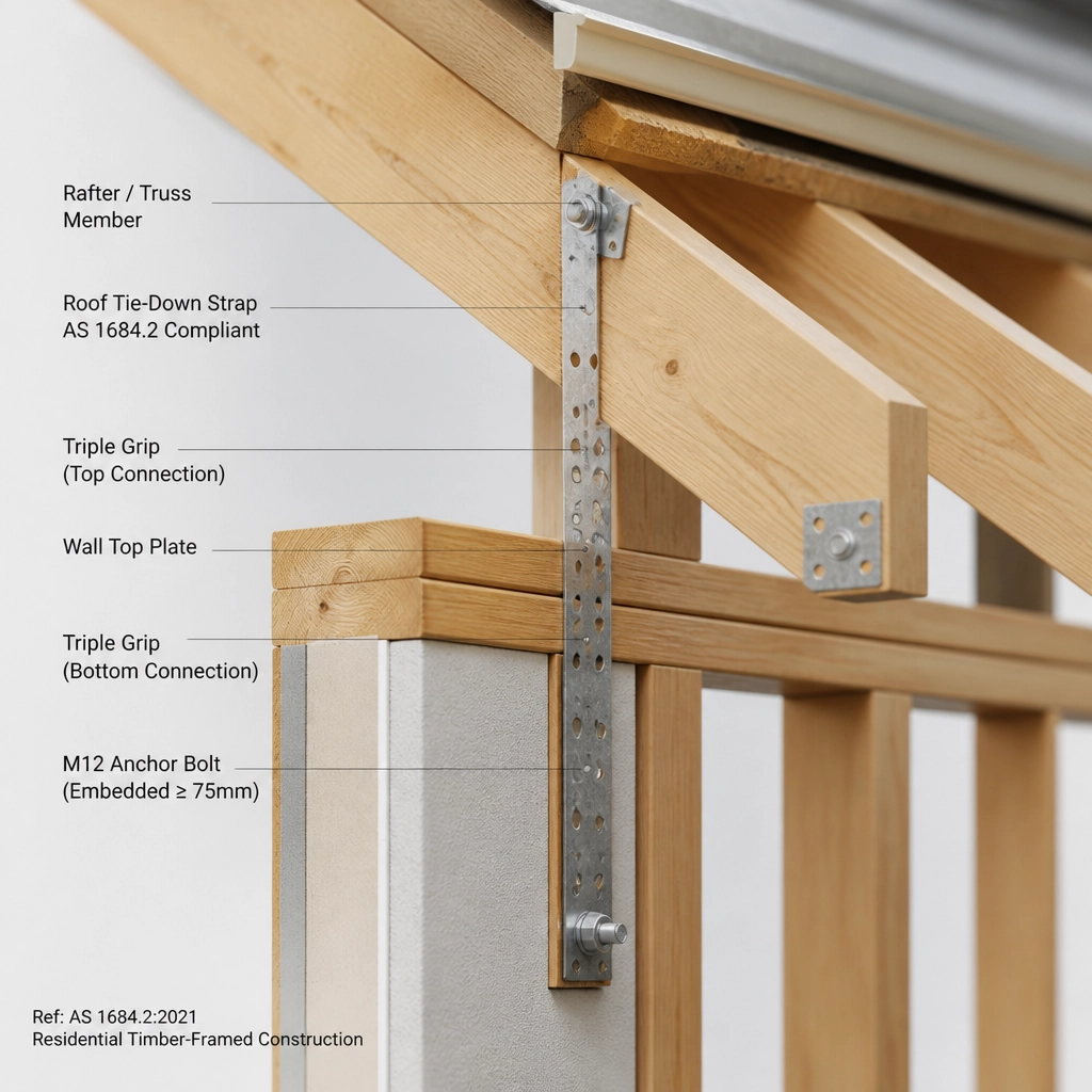 Technical 3D detail of a residential roof tie-down and wall framing connection according to AS 1684.