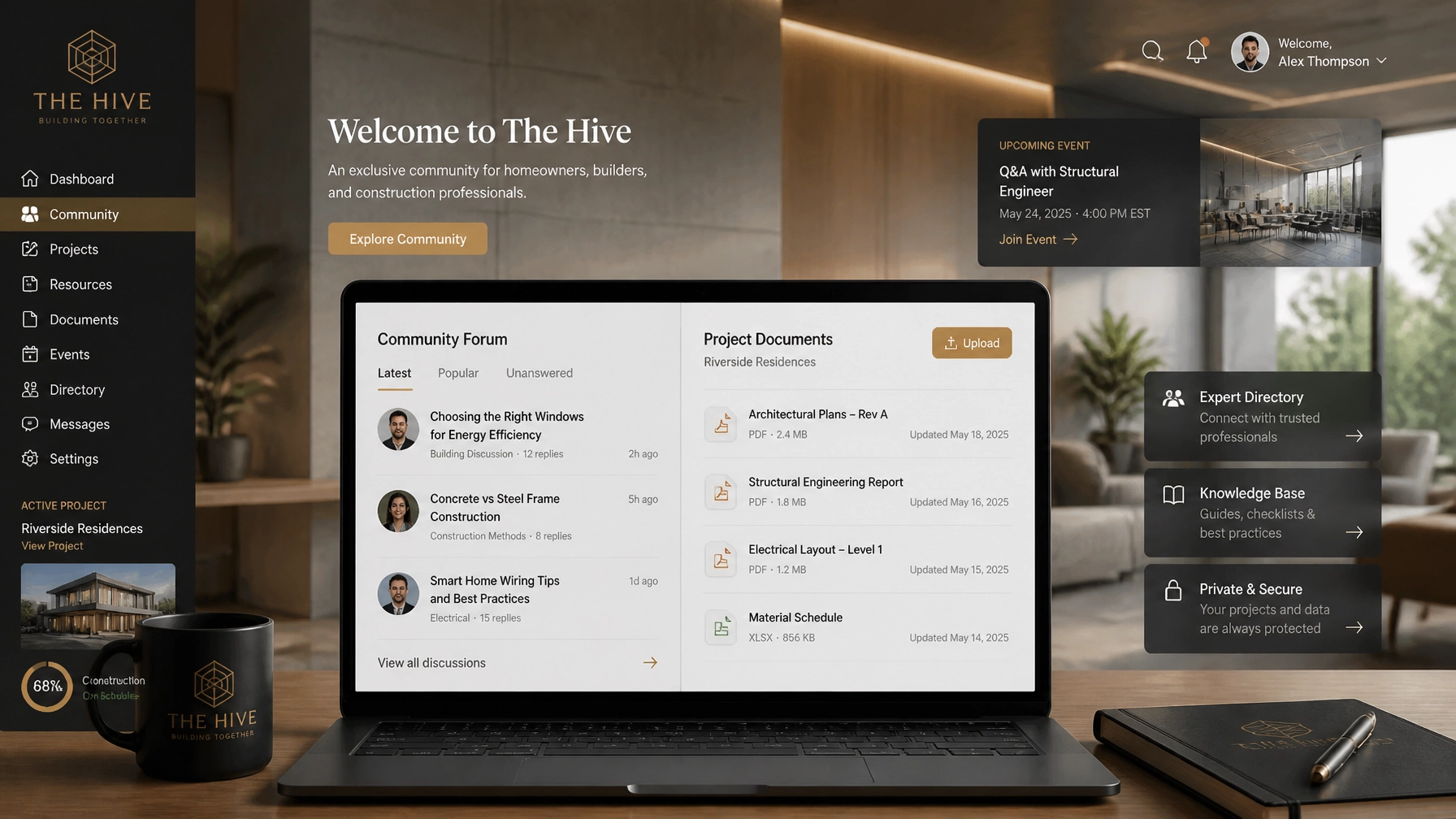 The Hive: A minimalist digital hub for construction advisory and community engagement.