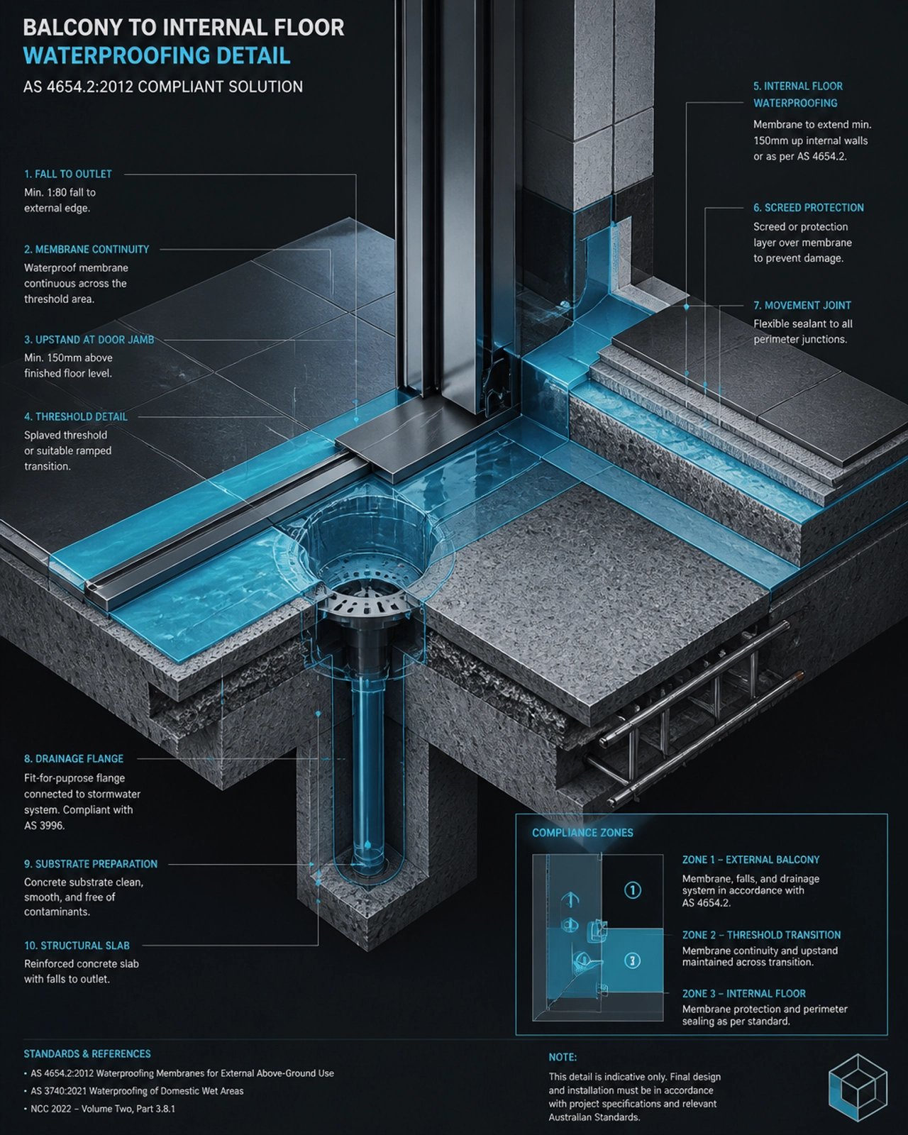 Forensic 3D architectural diagram showing a complex waterproofing detail for a balcony-to-internal-floor transition, highlighting compliance zones.