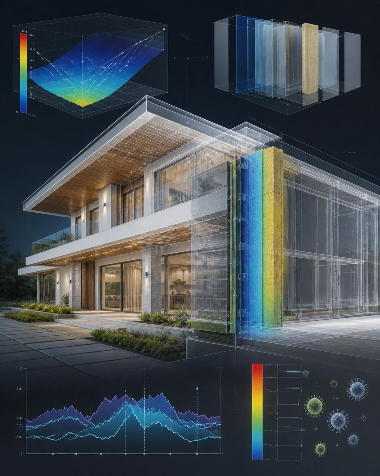 Abstract 3D visualization of a hygrothermal modelling report showing moisture levels and mould index scales
