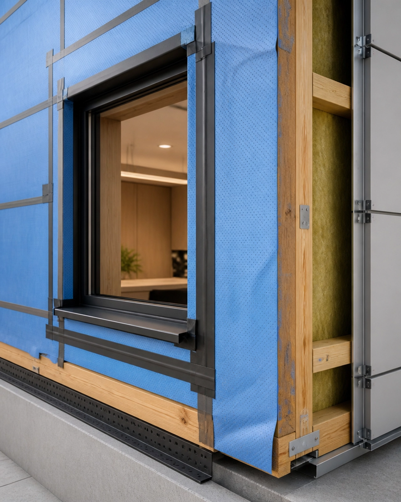 A Class 4 vapour-permeable membrane being installed correctly around a window to ensure moisture can escape the frame