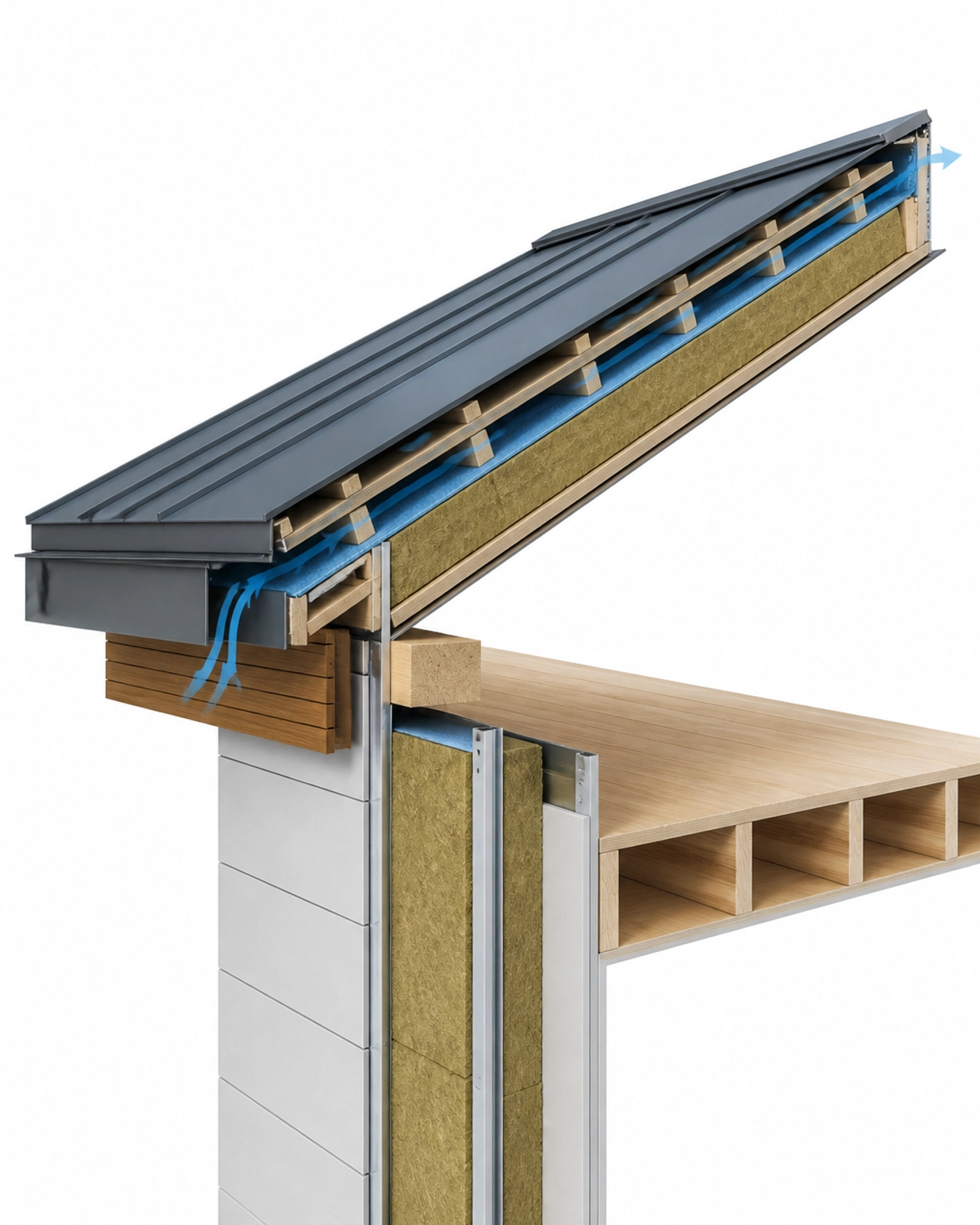 Forensic 3D illustration showing the necessity of airflow in skillion roof assemblies to prevent moisture trap