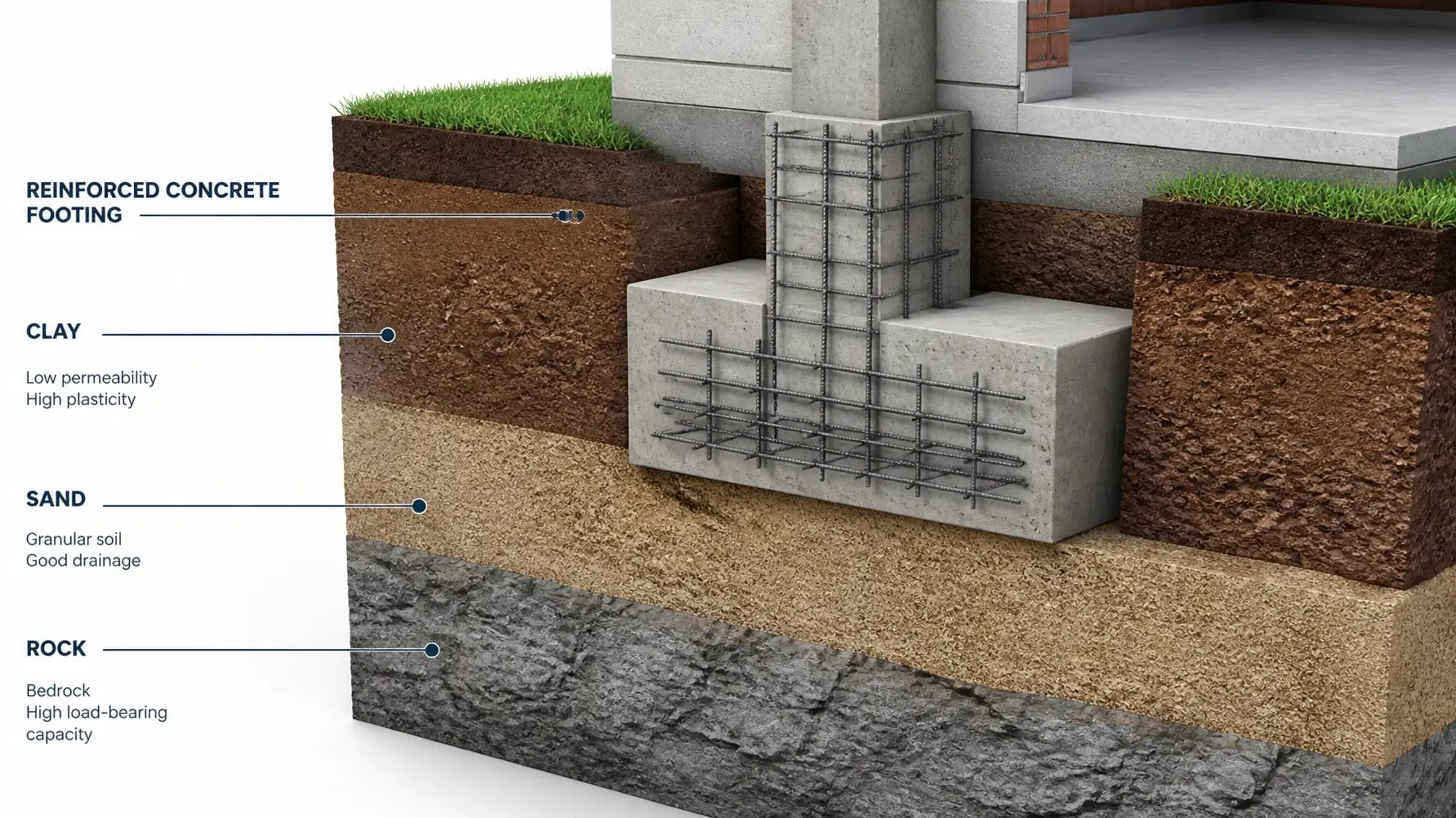 Diagram showing reinforced concrete footing integrated into soil strata, demonstrating typical site investigation findings and compliance requirements.