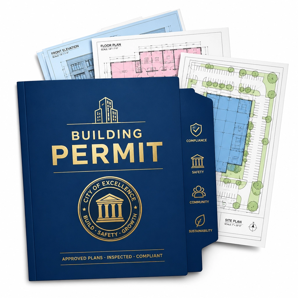 A blue building permit folder sits atop detailed architectural plans, highlighting compliance, safety, and sustainability requirements.
