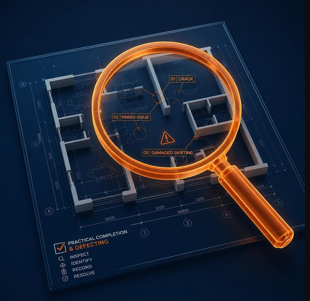 Infographic showcasing a house floor plan with a magnifying glass highlighting defects and the process for identification and resolution.