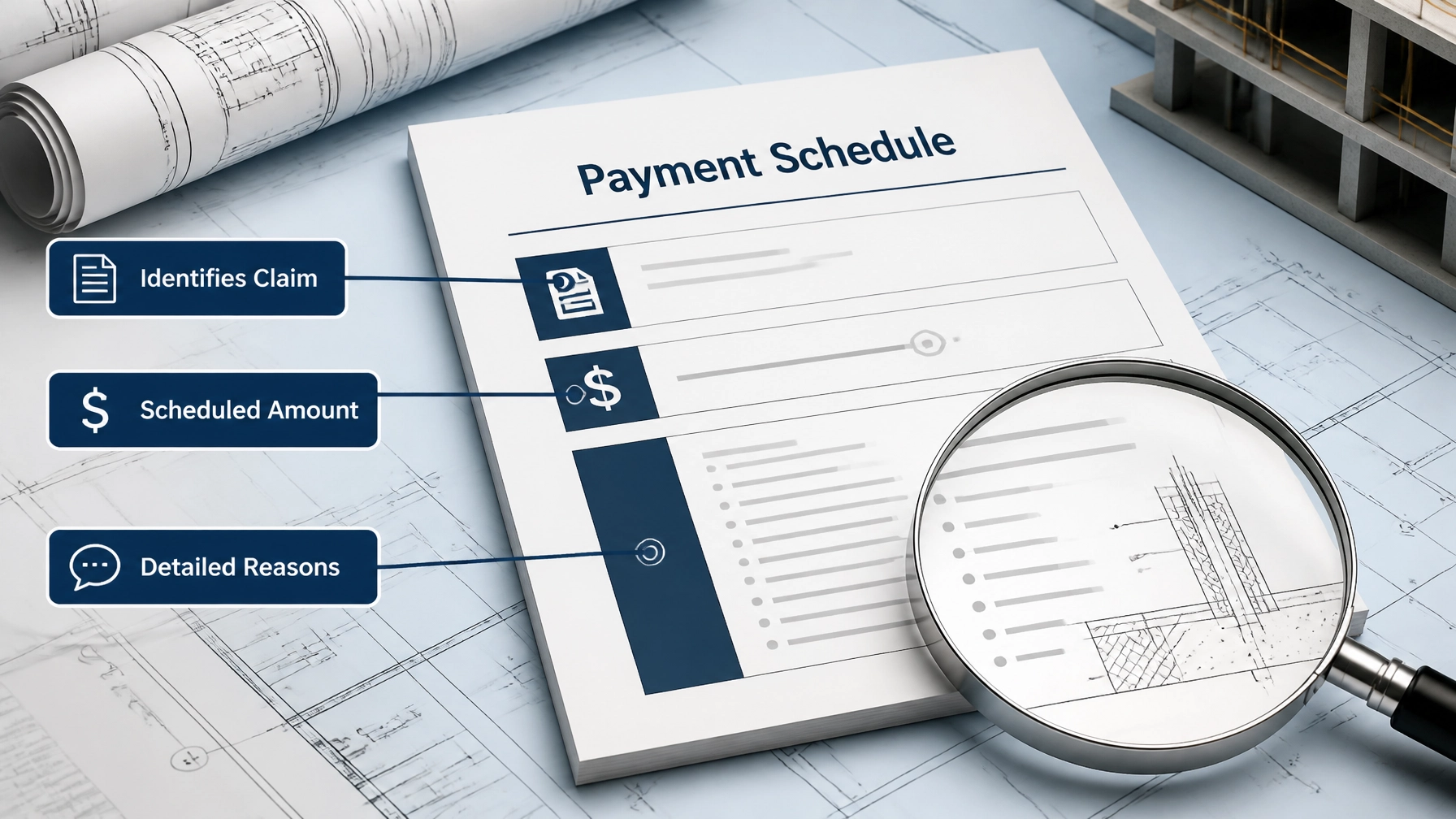A 3D forensic diagram illustrating the components of a valid Payment Schedule. The image shows a digital document with clear call-outs: 'Identifies Claim', 'Scheduled Amount', and 'Detailed Reasons'. A magnifying glass hovers over a 'Reasons' section, revealing text that cites specific Australian Standards, emphasizing the technical accuracy required to withstand adjudication.