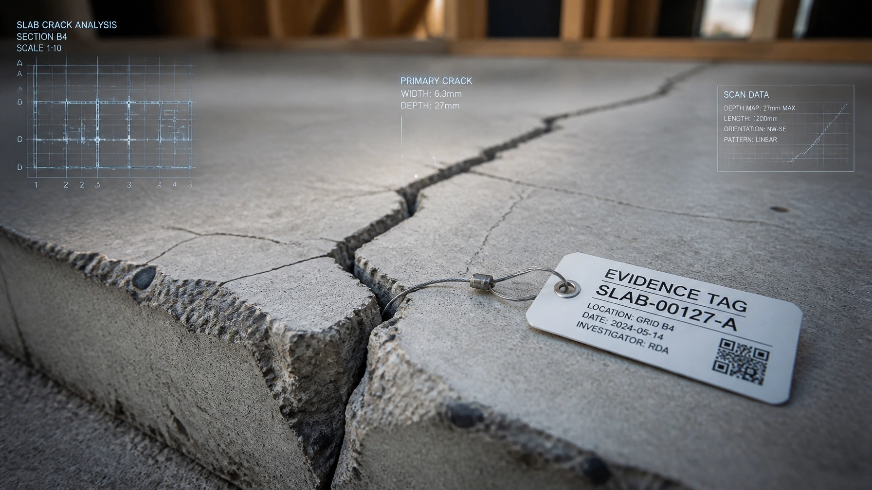A forensic 3D close-up of a construction defect: a cracked concrete slab: with a digital 'Evidence Tag' attached to it. The tag links the defect directly to a line item in a Payment Schedule, showing how physical site evidence must support administrative documentation to protect the builder's cashflow during a dispute.