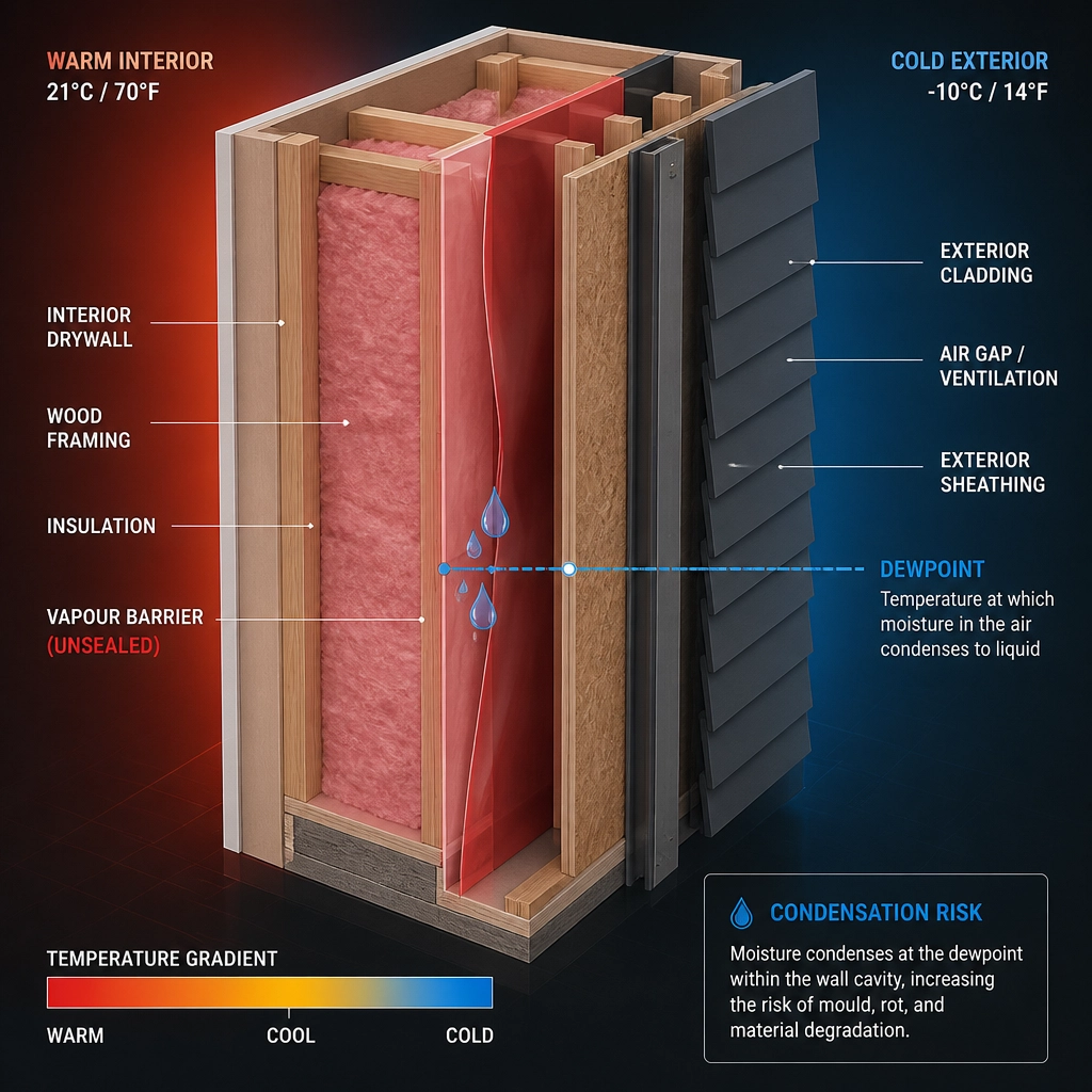 Technical diagram showing a temperature gradient and the dewpoint intersection inside a wall cavity causing condensation.