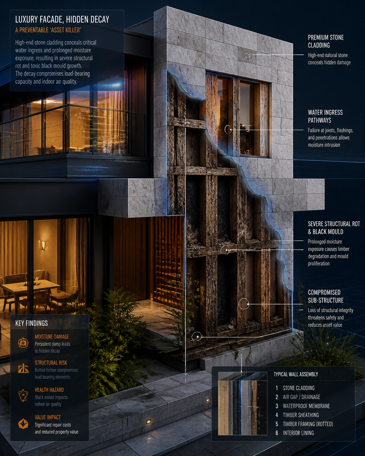 Forensic visualization of a luxury home exterior with the cladding cut away to reveal hidden structural rot and mould.