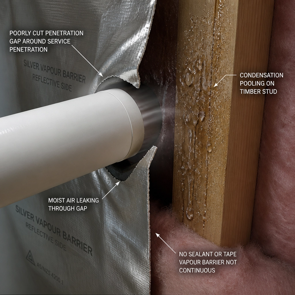 Forensic close-up of an unsealed service penetration through a vapour barrier allowing moisture-laden air to leak into the cavity.