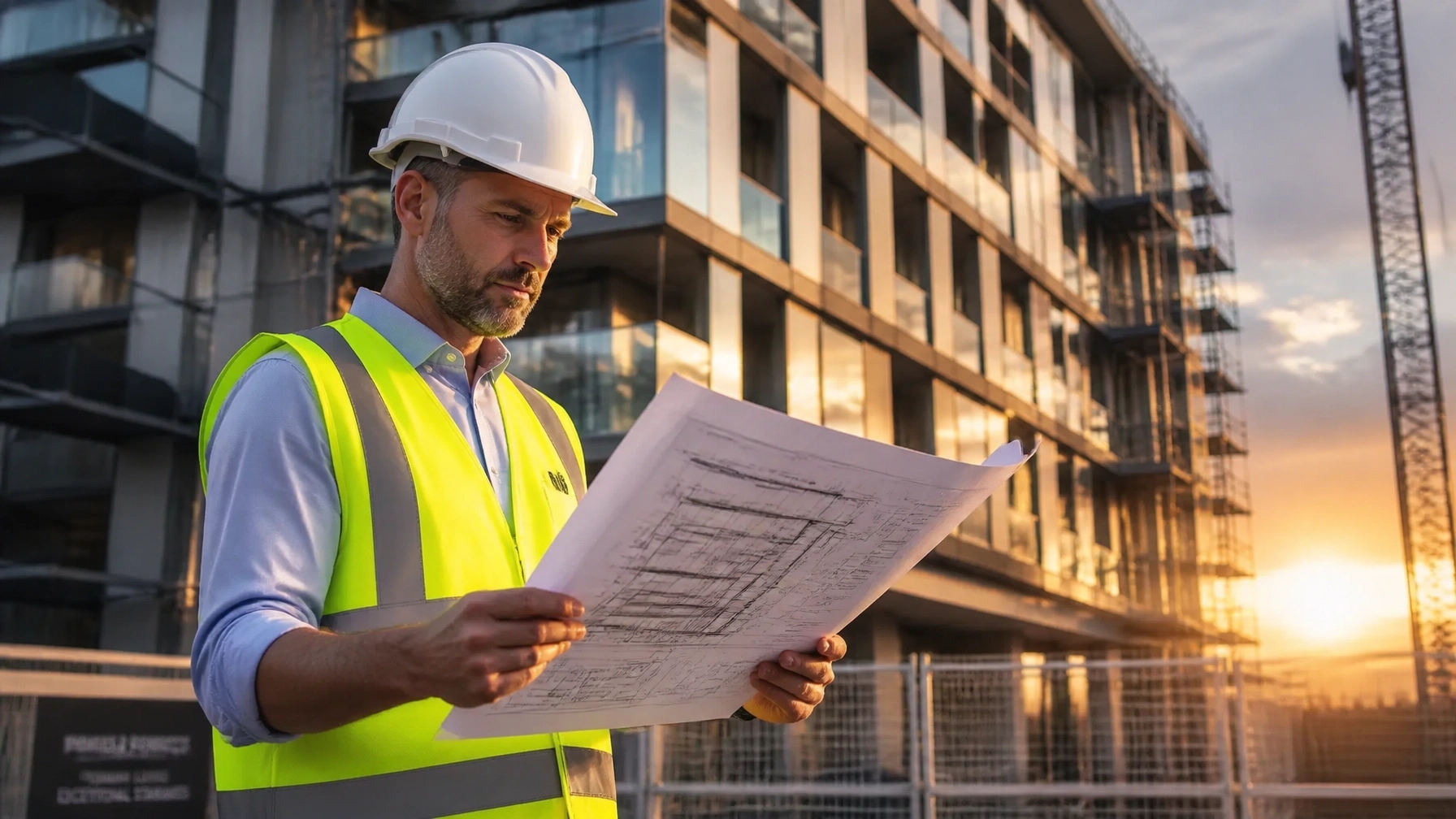 A building consultant reviewing architectural plans on-site, symbolizing strategic advisory and compliance.