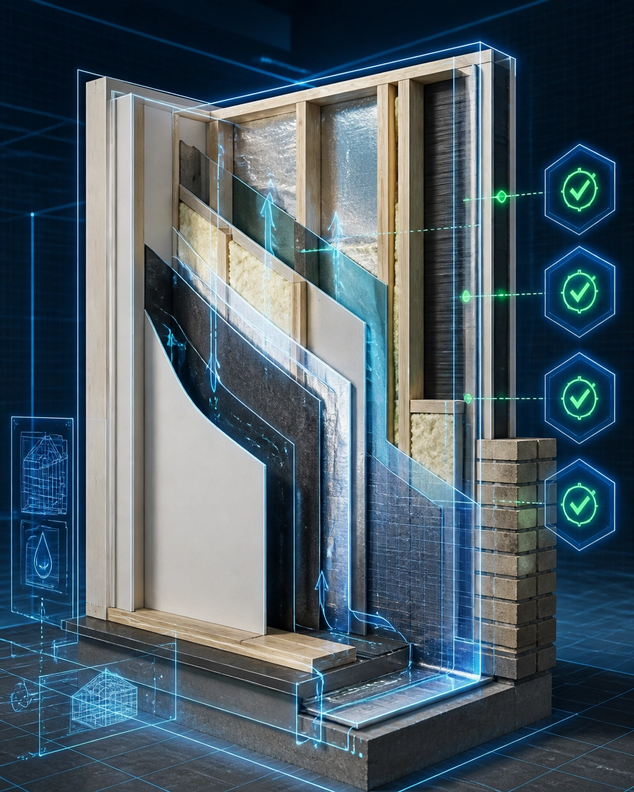 A 3D forensic cutaway of a residential wall section showing moisture barriers and insulation layers with holographic 'PASS' icons.