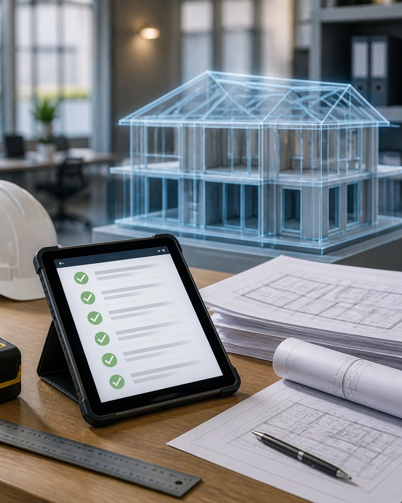 A professional 3D visual of a building surveyor's workstation with a digital tablet showing a compliance checklist next to architectural blueprints.