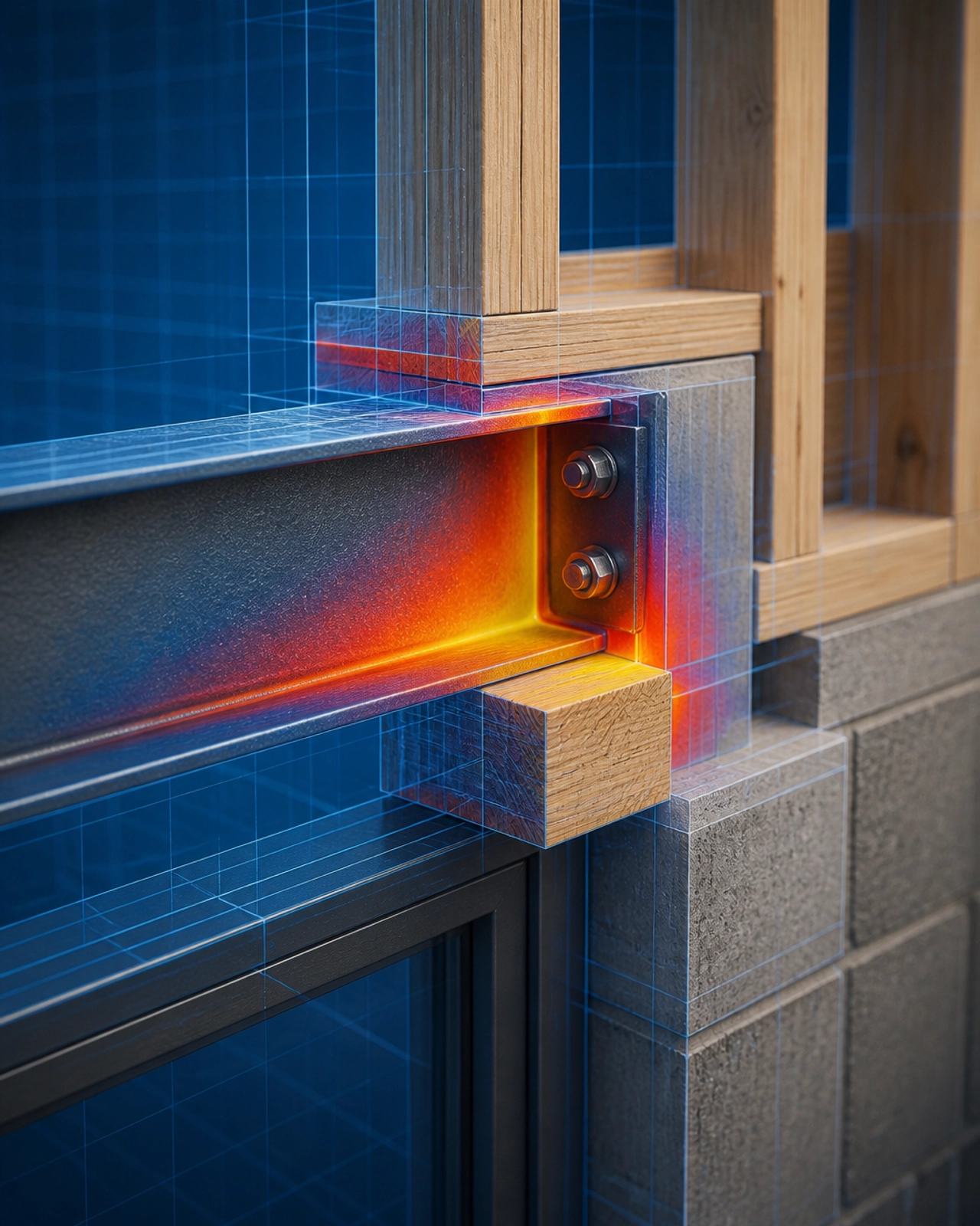 A forensic 3D close-up of a residential engineering detail showing the connection between a steel lintel and a timber frame with stress analysis heatmaps.