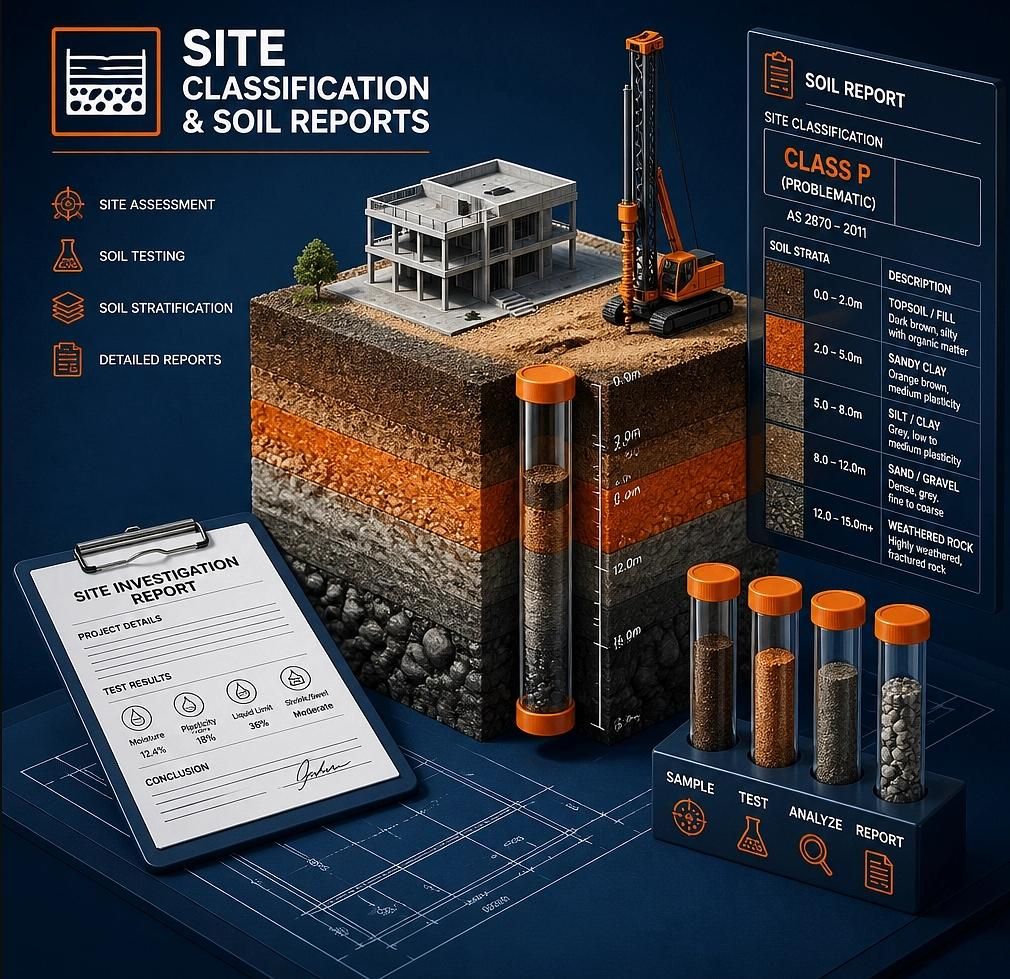 Detailed visual featuring a cutaway of a residential building site with soil stratification layers and testing equipment