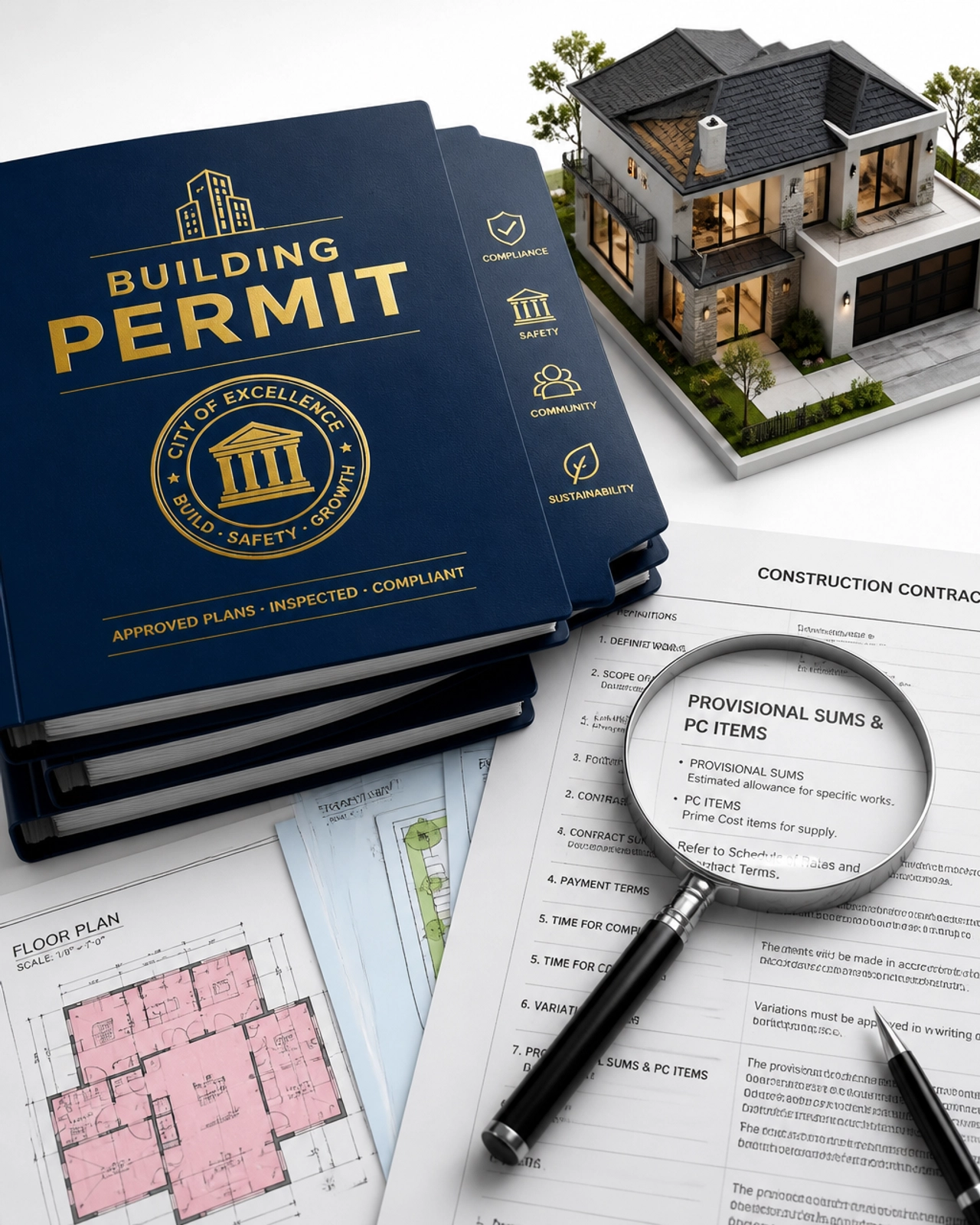 3D stack of professional construction contract folders and legal documents highlighting Provisional Sums