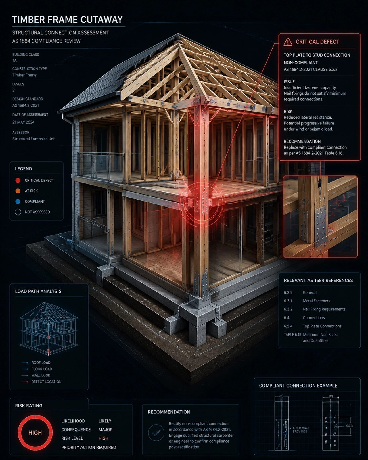 Forensic 3D cutaway visualization of a residential timber frame highlighting a structural connection defect