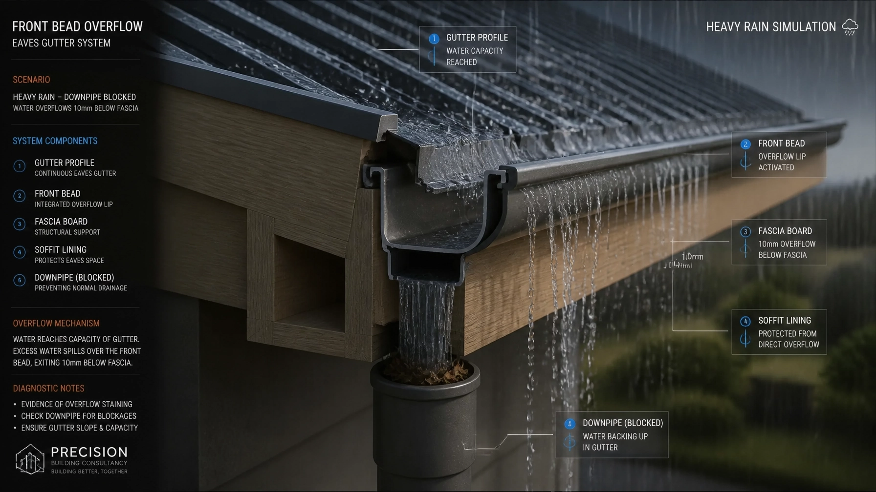 Technical 3D rendering of an eaves gutter system showing a front bead overflow mechanism with water overflowing below the fascia