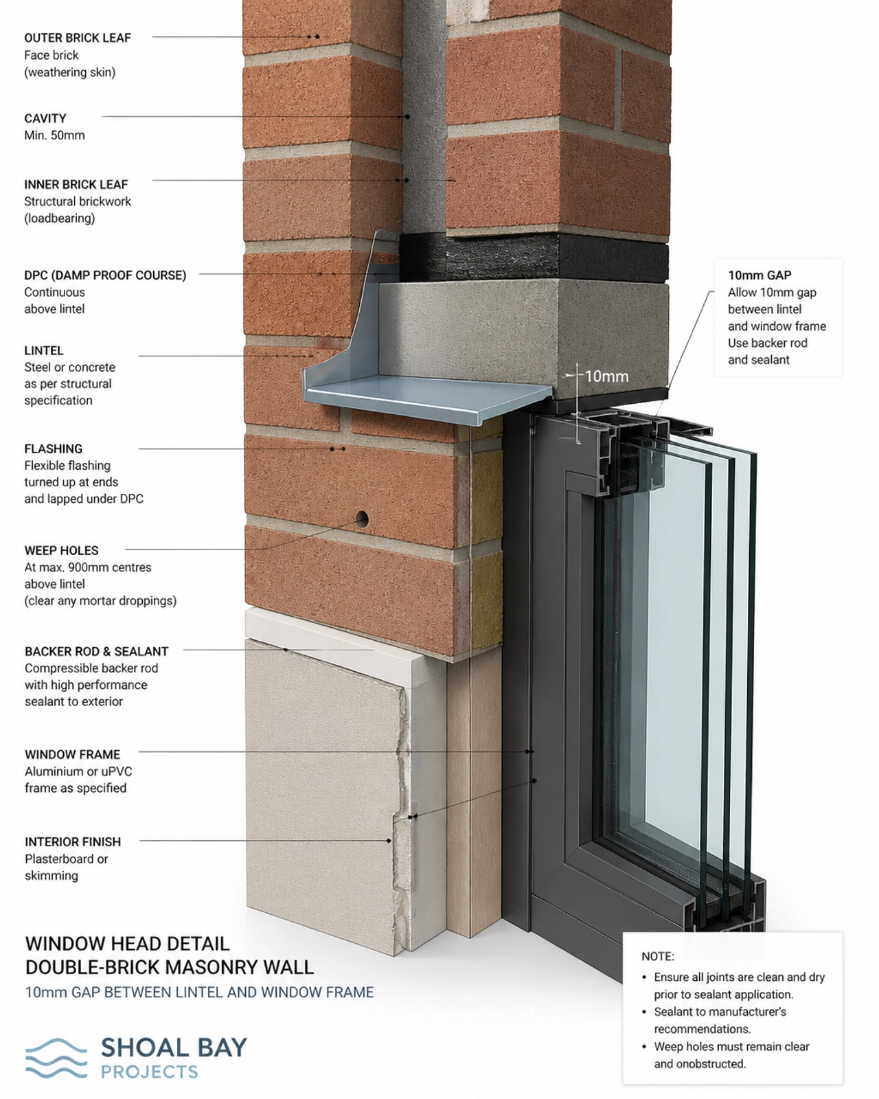 Forensic 3D technical illustration of a window head in a masonry wall showing the 10mm gap and flashing details