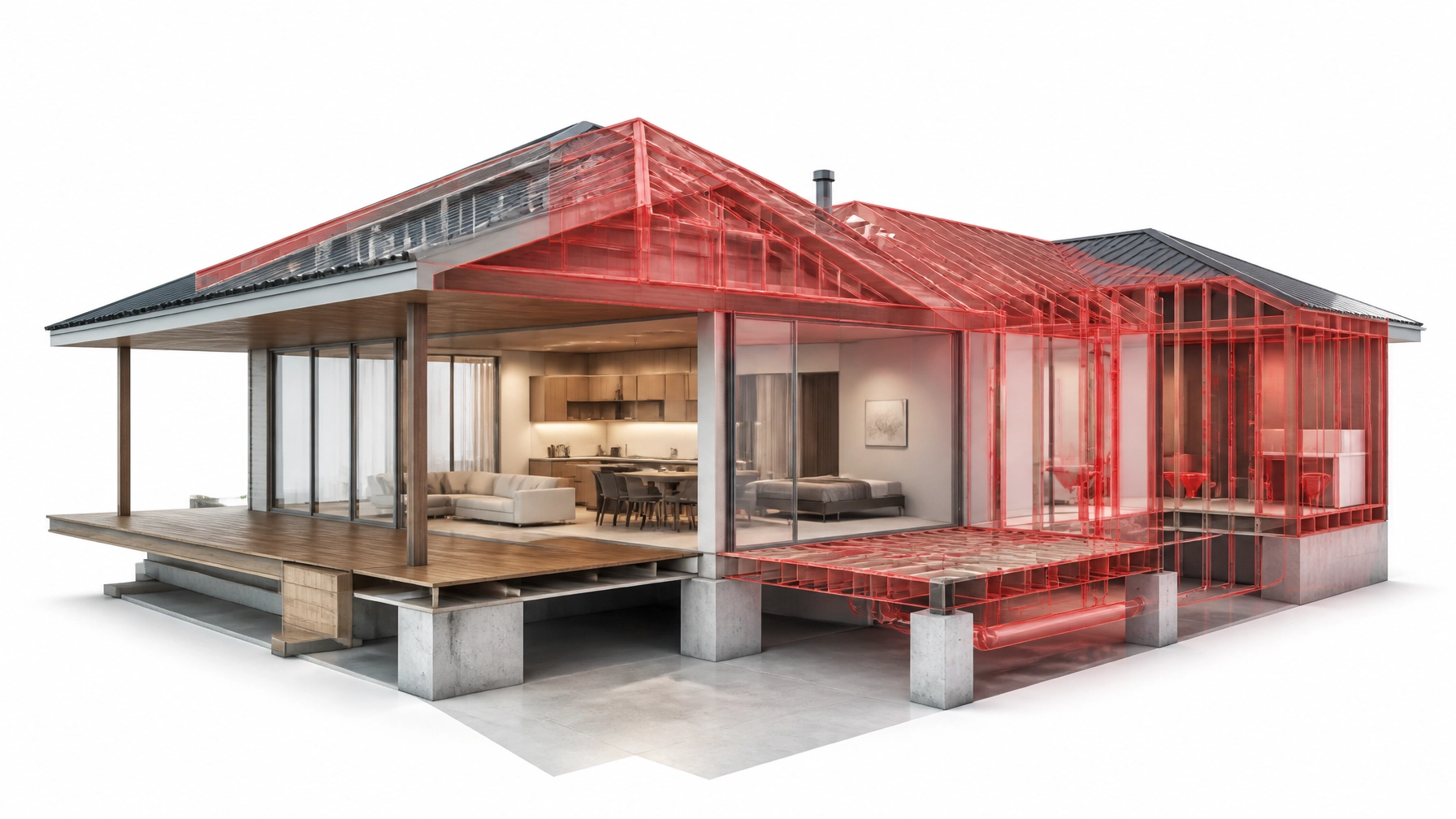 Forensic 3D architectural rendering of a high-end residential house with red semi-transparent highlights over the framing and plumbing areas, illustrating potential scope gaps. Professional technical aesthetic, clean lines, white background.