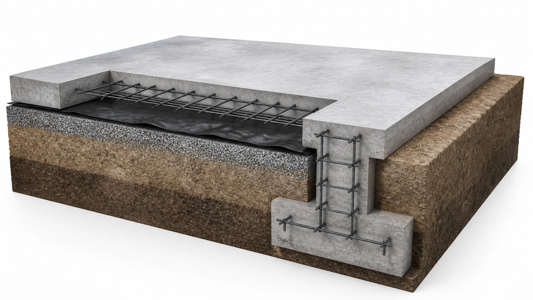 Forensic 3D cross-section of a concrete slab and footing showing internal components like moisture barriers and reinforcement details. Architectural technical style.