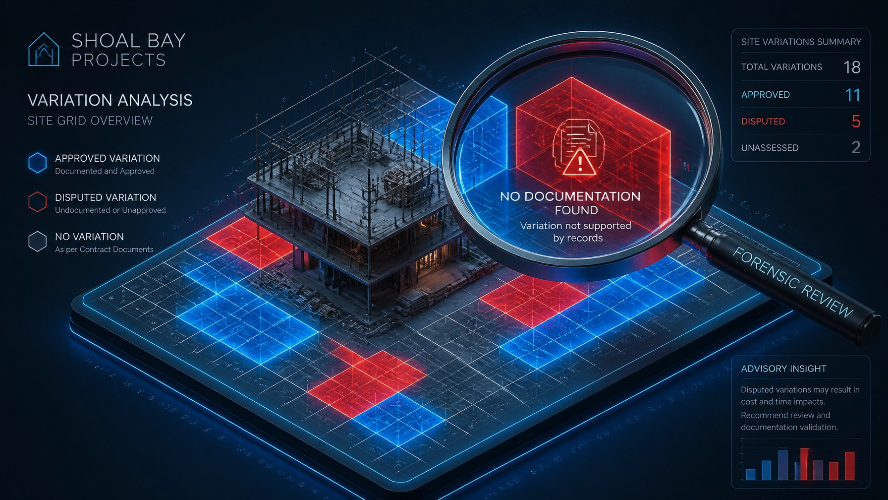 3D isometric view of a residential construction site grid with glowing blue and red zones representing approved and disputed variations