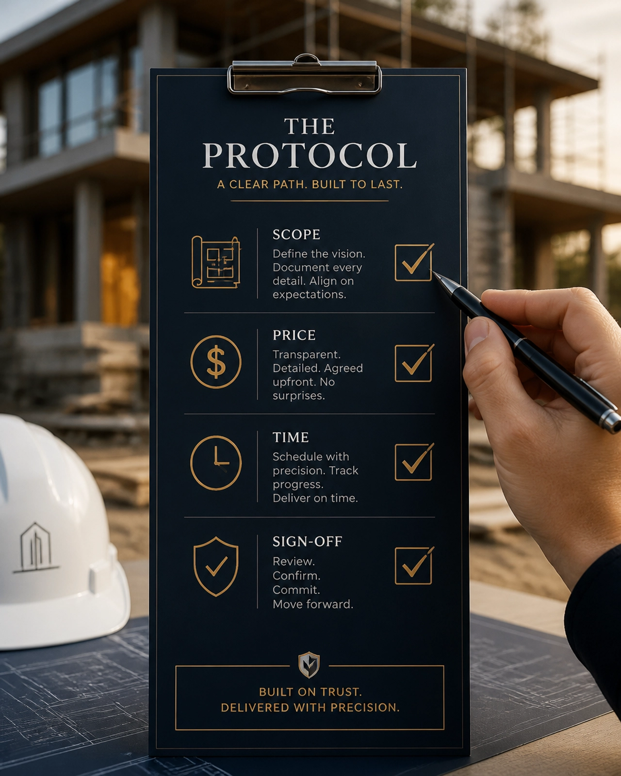 A vertical infographic-style checklist titled 'The Protocol' with icons for Scope, Price, Time, and Sign-off