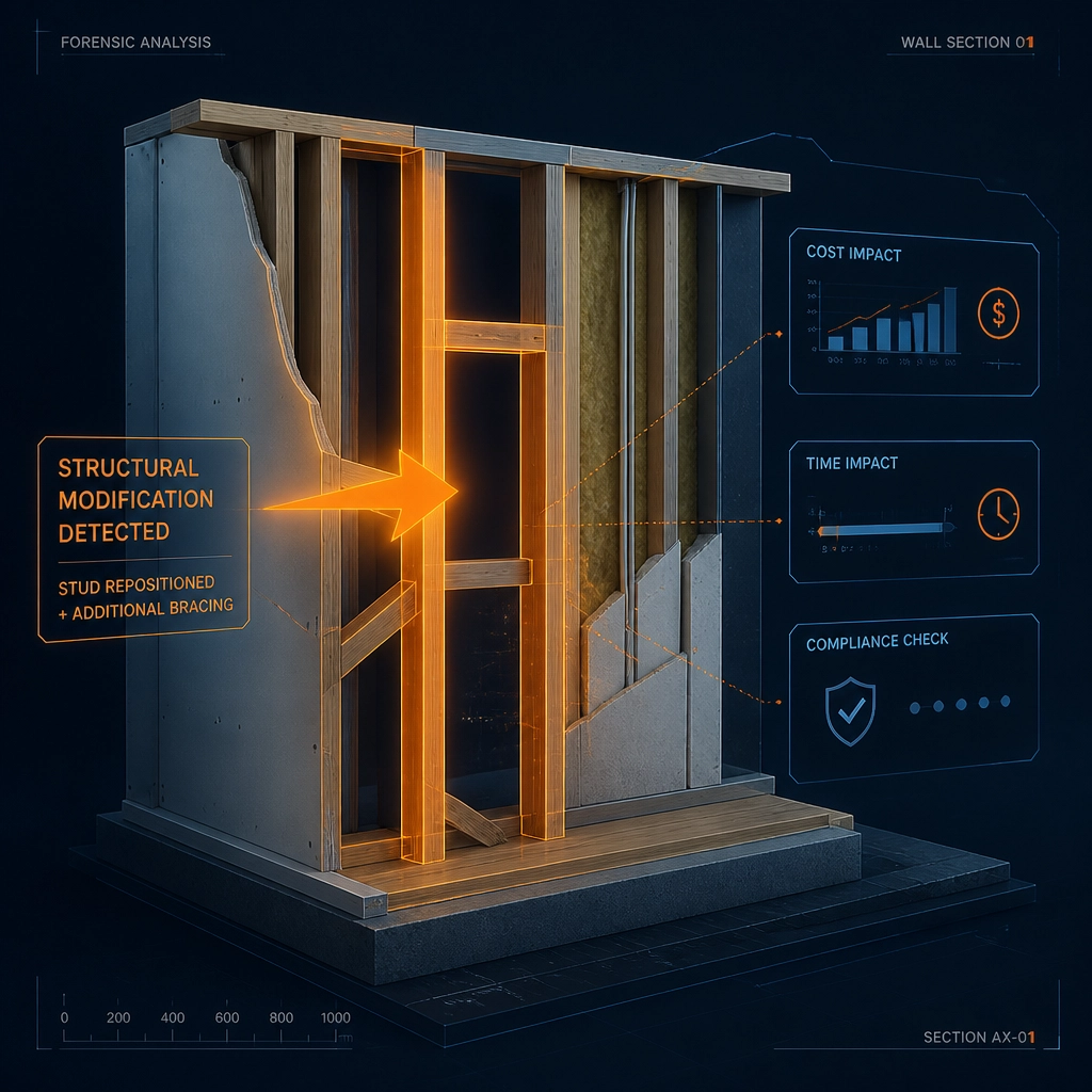 3D forensic cutaway of a residential wall section showing a structural modification with digital data points for cost and compliance