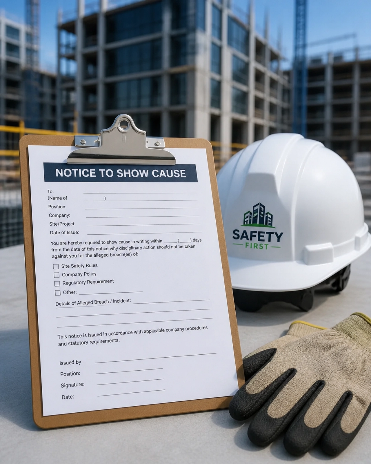 Forensic 3D visual of a clipboard with a 'Notice to Show Cause' document on a clean construction site.