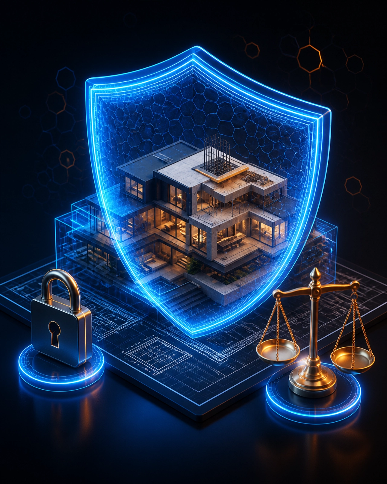 Forensic 3D render of a protective digital shield icon glowing over a residential building blueprint.