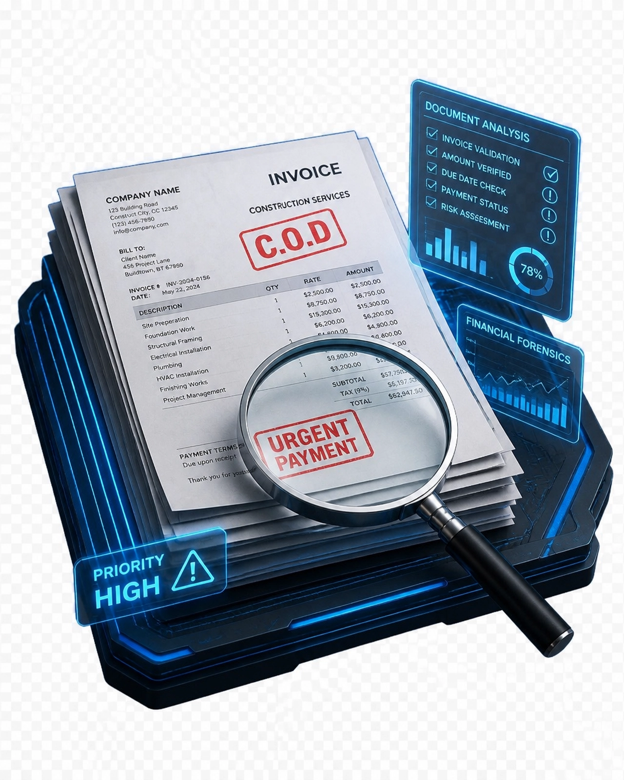 Forensic 3D digital illustration of a stack of construction invoices with 'C.O.D' and 'URGENT PAYMENT' stamps.