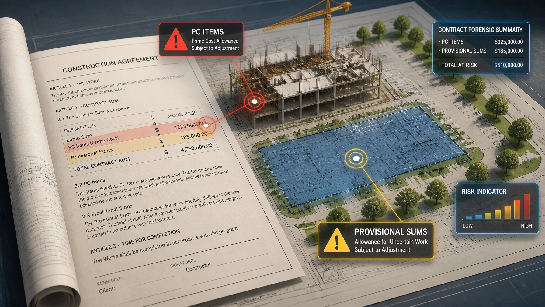 A 3D forensic visualization of a construction contract document unfolding across a virtual site plan with markers pointing to PC Items and Provisional Sums.