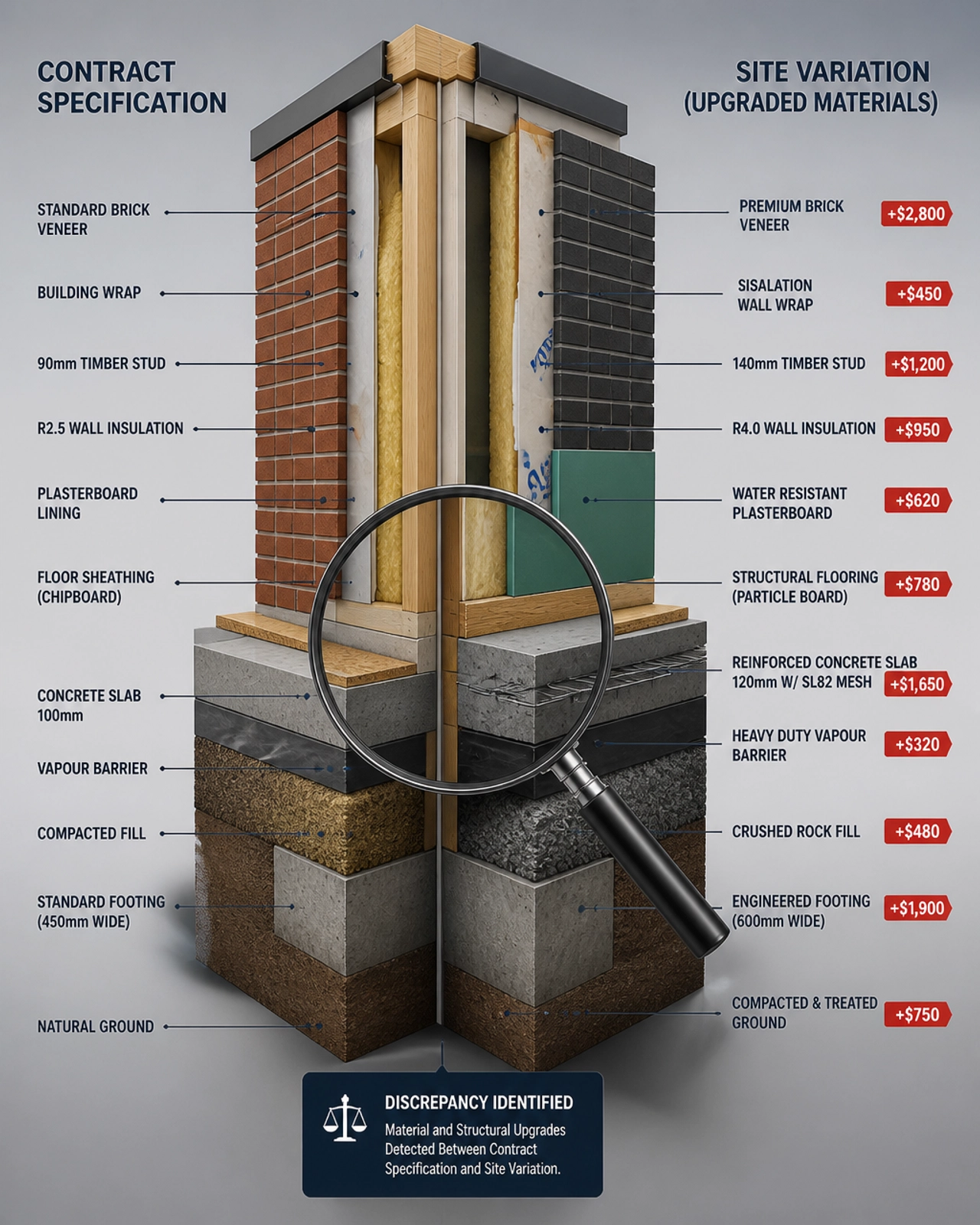 A detailed 3D forensic cross-section of a residential wall and foundation comparing 'Contract Specification' to 'Site Variation' with red price tags and a digital magnifying glass highlighting discrepancies.