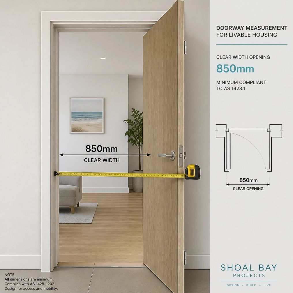 A doorway measurement showing 850mm width, compliant with AS 1428.1 accessibility standards, illustrating the importance of early compliance verification.